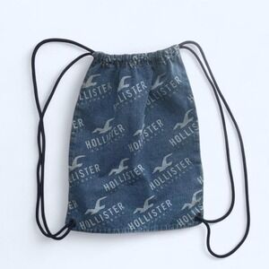 Hollister blue denim drawstring logo bag